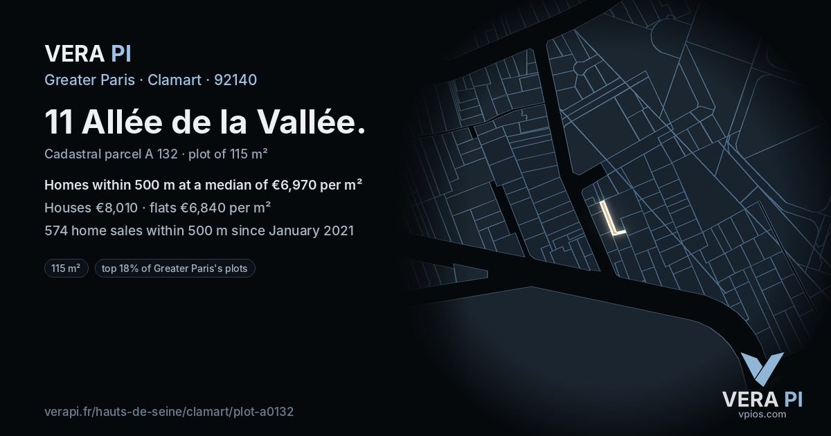 11 Allée de la Vallée, Clamart at night – the plot lit, the parcels around coloured by the prices near them