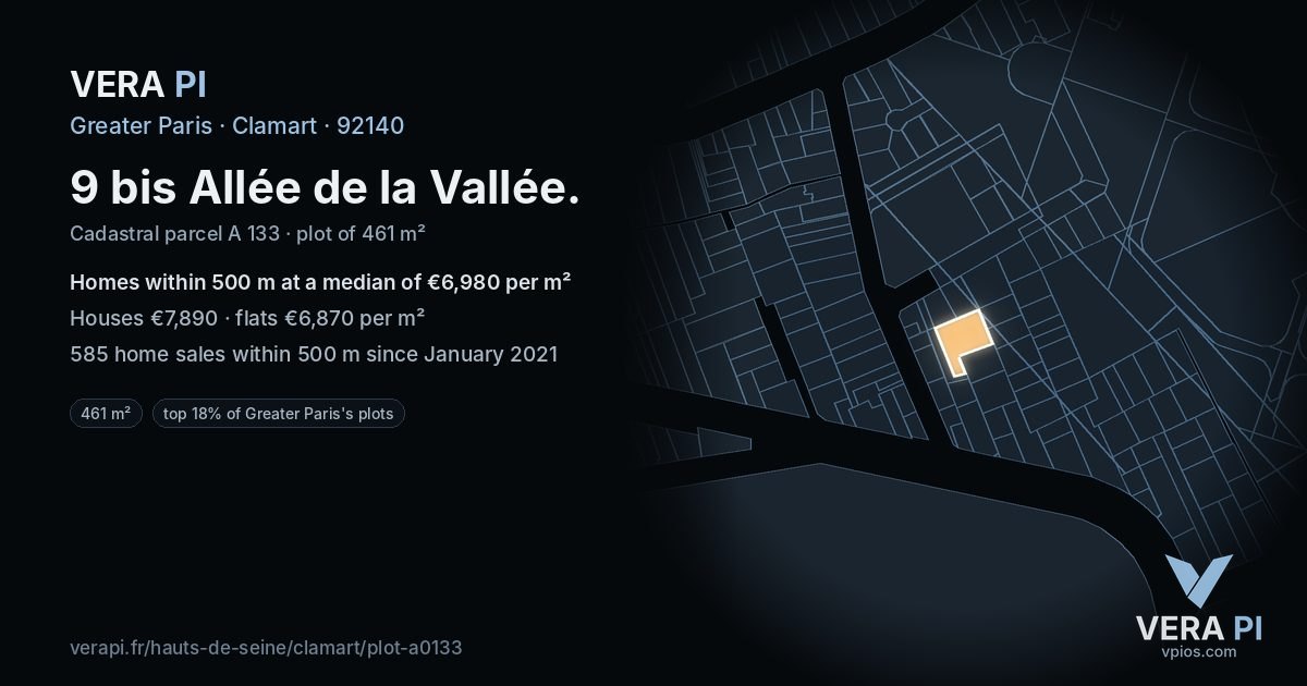 9 bis Allée de la Vallée, Clamart at night – the plot lit, the parcels around coloured by the prices near them