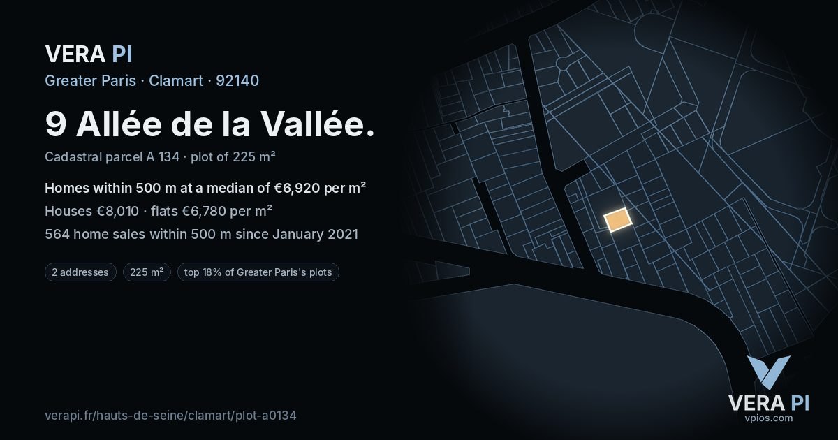 9 Allée de la Vallée, Clamart at night – the plot lit, the parcels around coloured by the prices near them