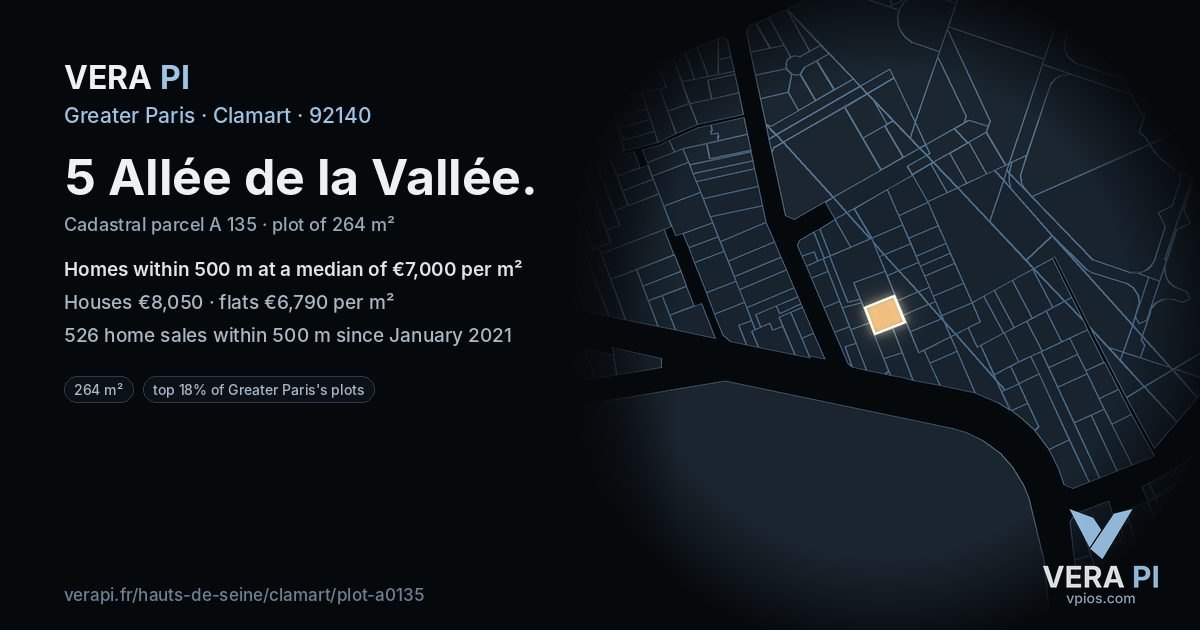 5 Allée de la Vallée, Clamart at night – the plot lit, the parcels around coloured by the prices near them