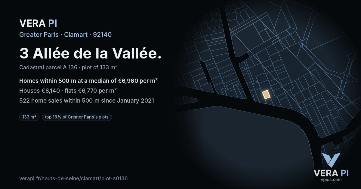 3 Allée de la Vallée, Clamart at night – the plot lit, the parcels around coloured by the prices near them