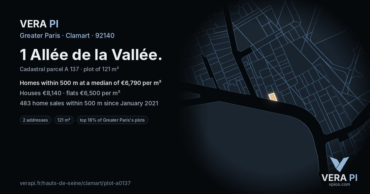 1 Allée de la Vallée, Clamart at night – the plot lit, the parcels around coloured by the prices near them