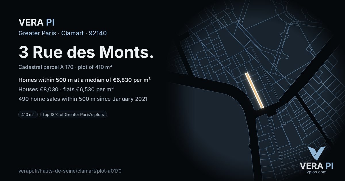 3 Rue des Monts, Clamart at night – the plot lit, the parcels around coloured by the prices near them