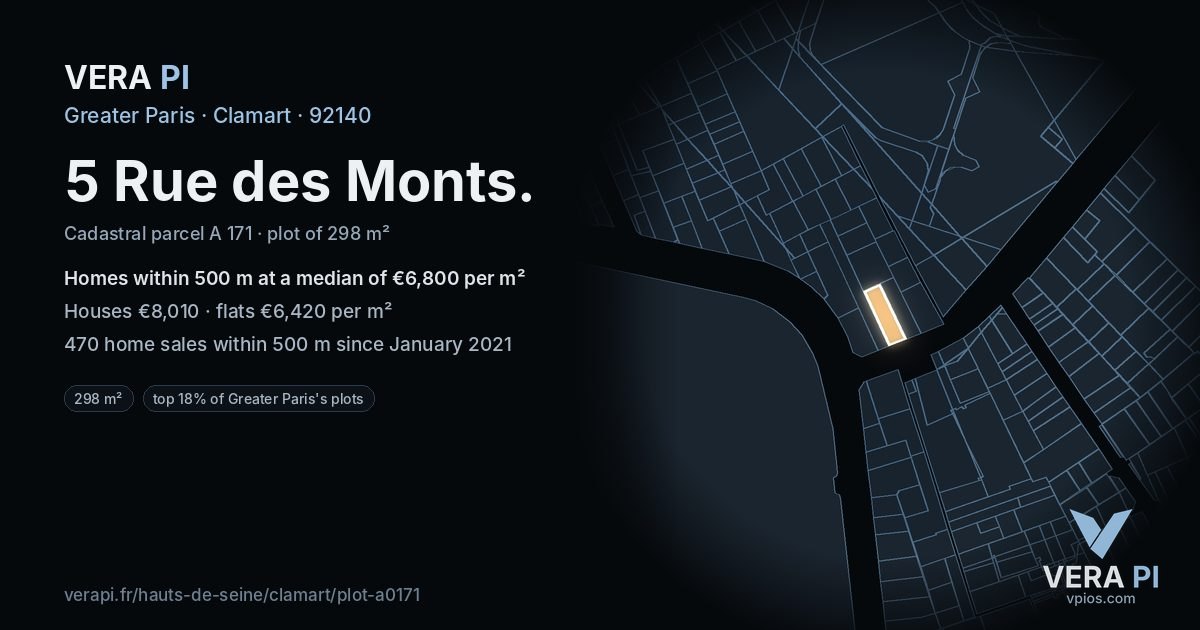 5 Rue des Monts, Clamart at night – the plot lit, the parcels around coloured by the prices near them