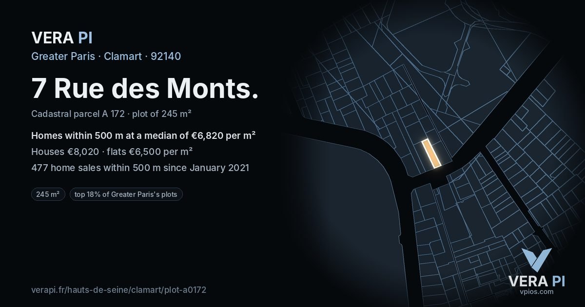 7 Rue des Monts, Clamart at night – the plot lit, the parcels around coloured by the prices near them