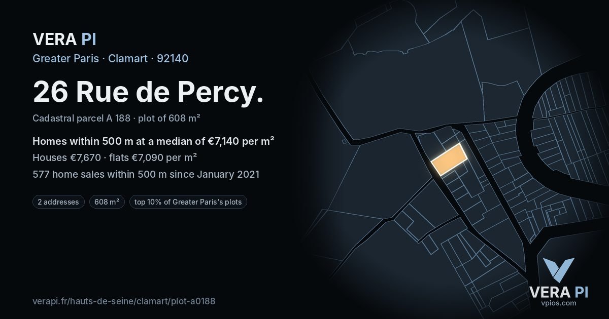 26 Rue de Percy, Clamart at night – the plot lit, the parcels around coloured by the prices near them