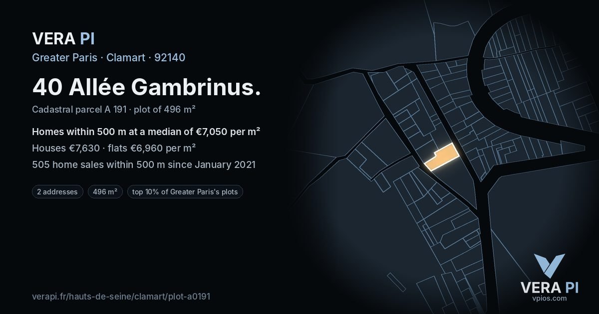40 Allée Gambrinus, Clamart at night – the plot lit, the parcels around coloured by the prices near them