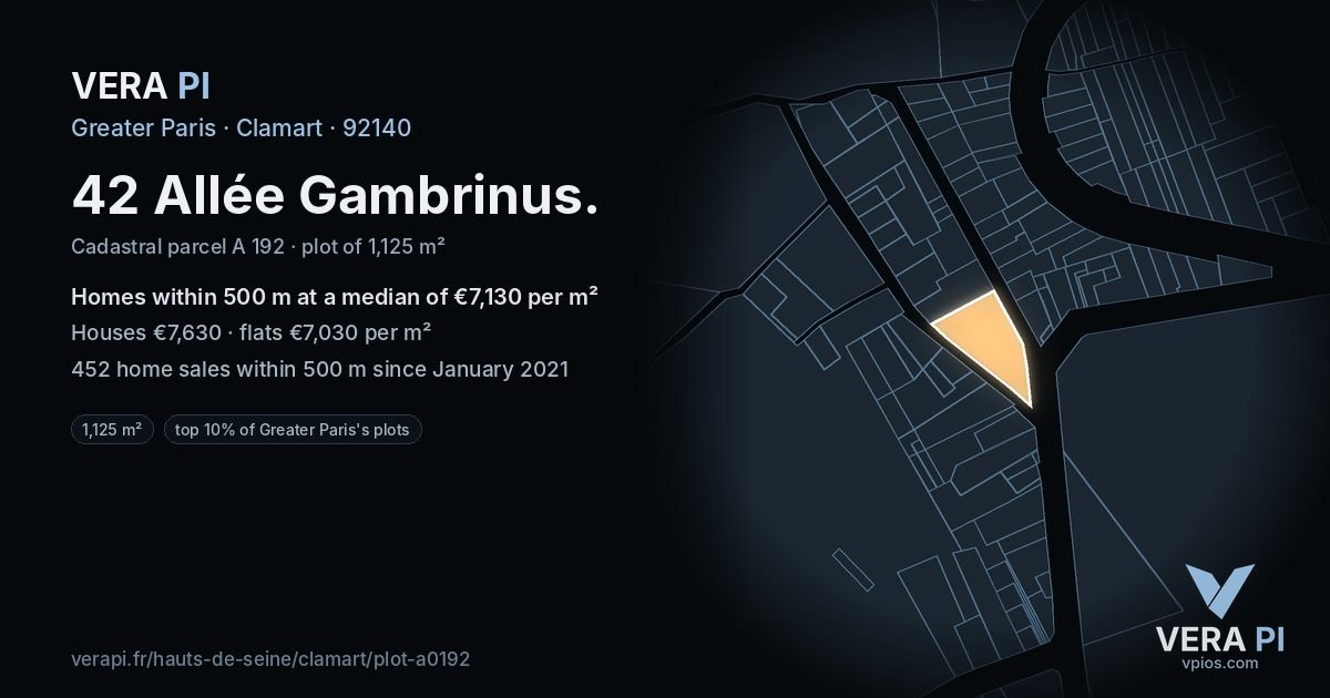 42 Allée Gambrinus, Clamart at night – the plot lit, the parcels around coloured by the prices near them