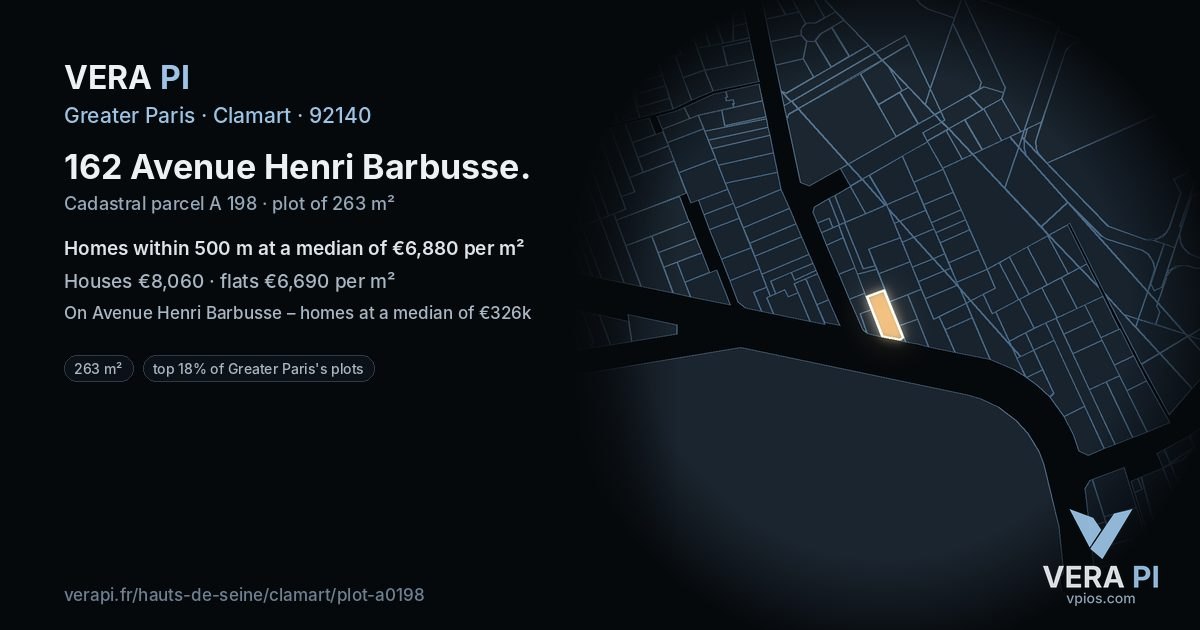 162 Avenue Henri Barbusse, Clamart at night – the plot lit, the parcels around coloured by the prices near them