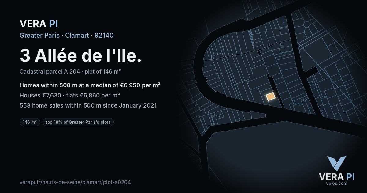 3 Allée de l'Ile, Clamart at night – the plot lit, the parcels around coloured by the prices near them