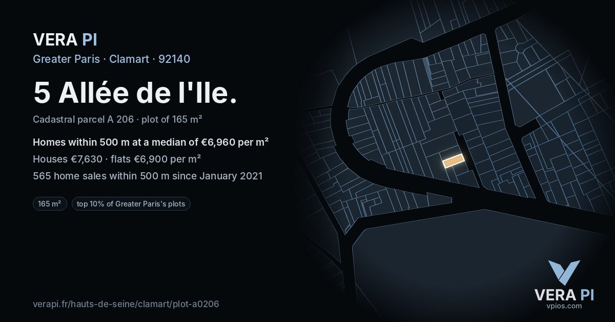 5 Allée de l'Ile, Clamart at night – the plot lit, the parcels around coloured by the prices near them