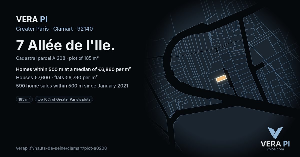 7 Allée de l'Ile, Clamart at night – the plot lit, the parcels around coloured by the prices near them