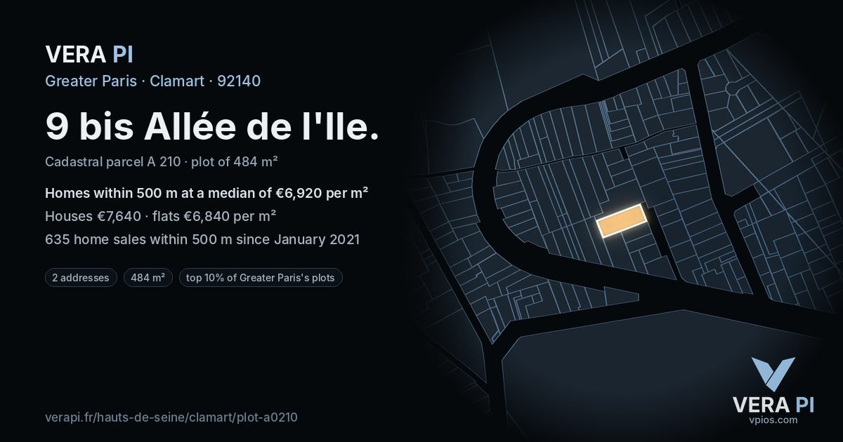 9 bis Allée de l'Ile, Clamart at night – the plot lit, the parcels around coloured by the prices near them
