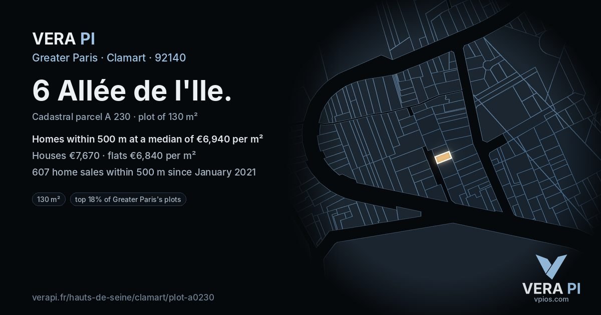 6 Allée de l'Ile, Clamart at night – the plot lit, the parcels around coloured by the prices near them