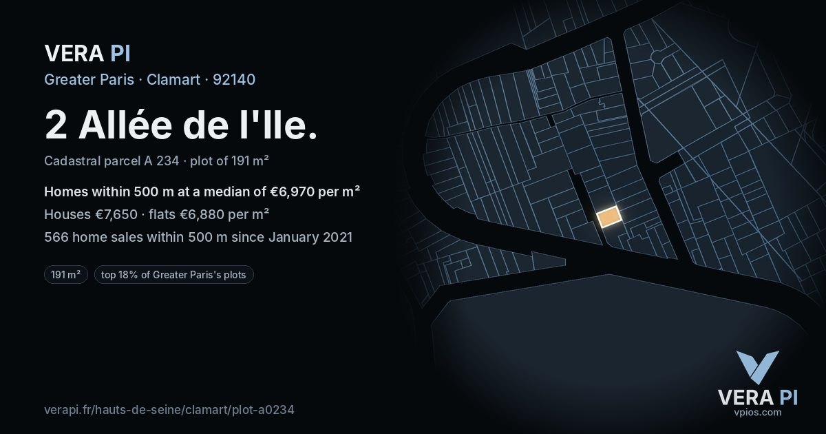 2 Allée de l'Ile, Clamart at night – the plot lit, the parcels around coloured by the prices near them