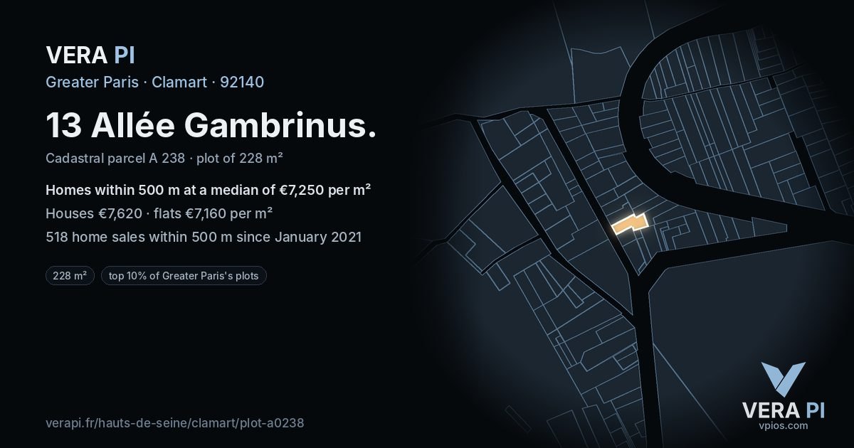 13 Allée Gambrinus, Clamart at night – the plot lit, the parcels around coloured by the prices near them