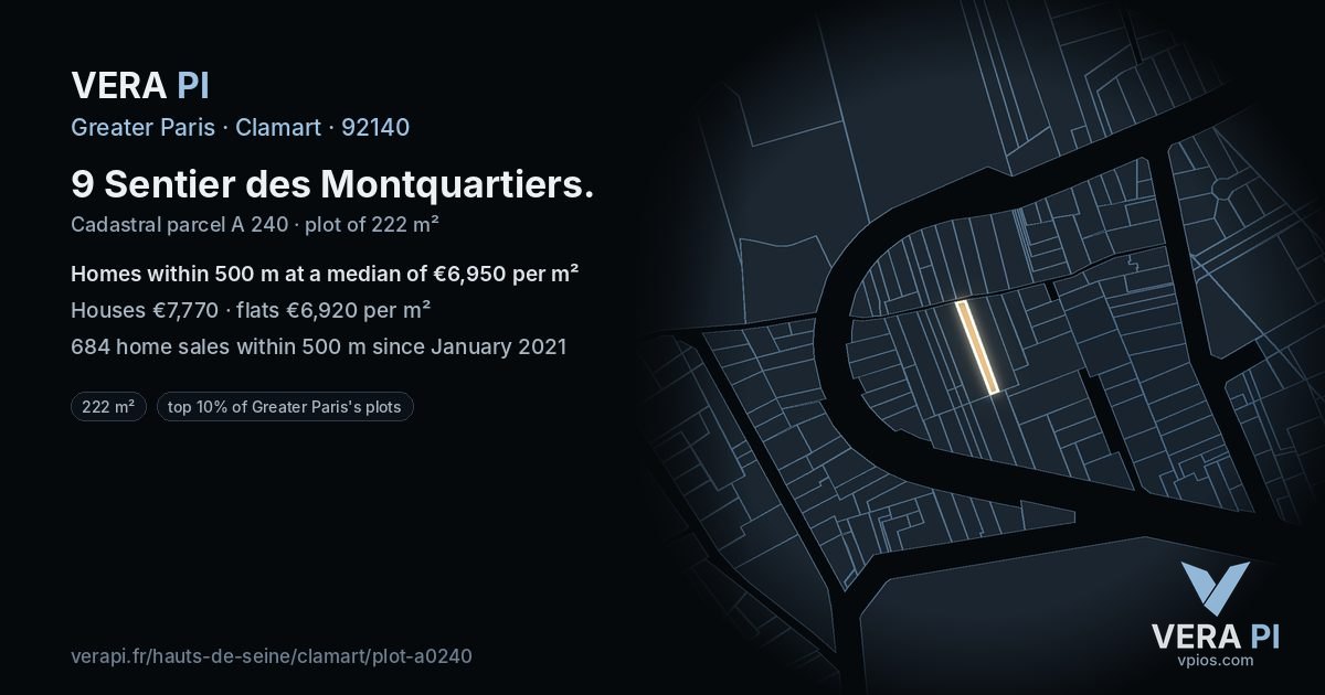 9 Sentier des Montquartiers, Clamart at night – the plot lit, the parcels around coloured by the prices near them
