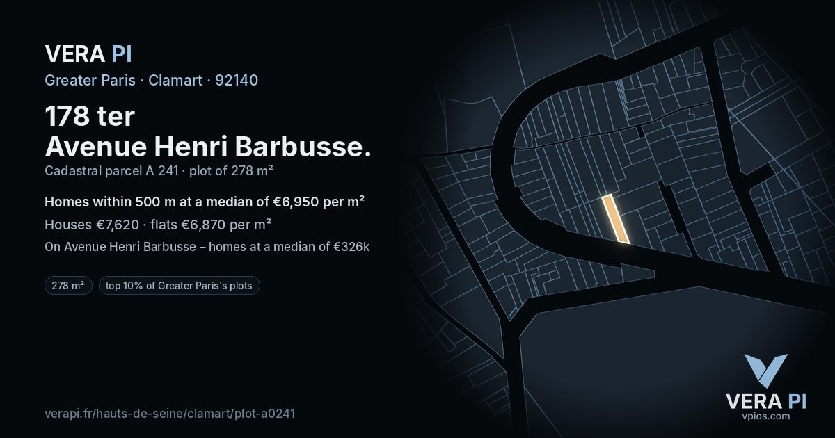 178 ter Avenue Henri Barbusse, Clamart at night – the plot lit, the parcels around coloured by the prices near them