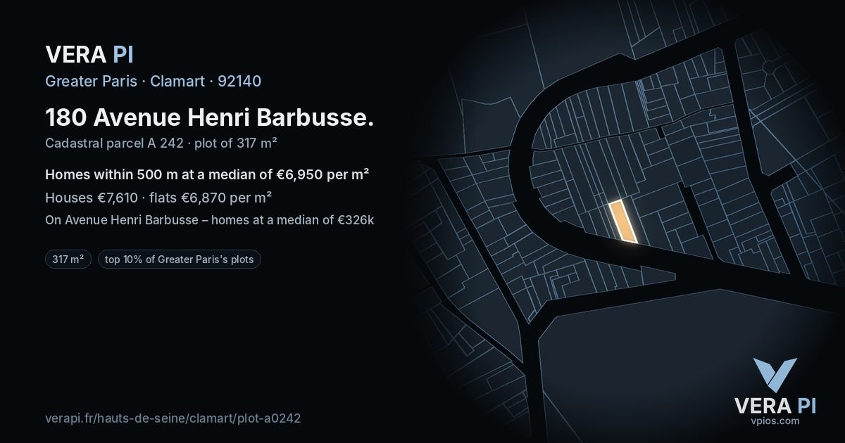 180 Avenue Henri Barbusse, Clamart at night – the plot lit, the parcels around coloured by the prices near them