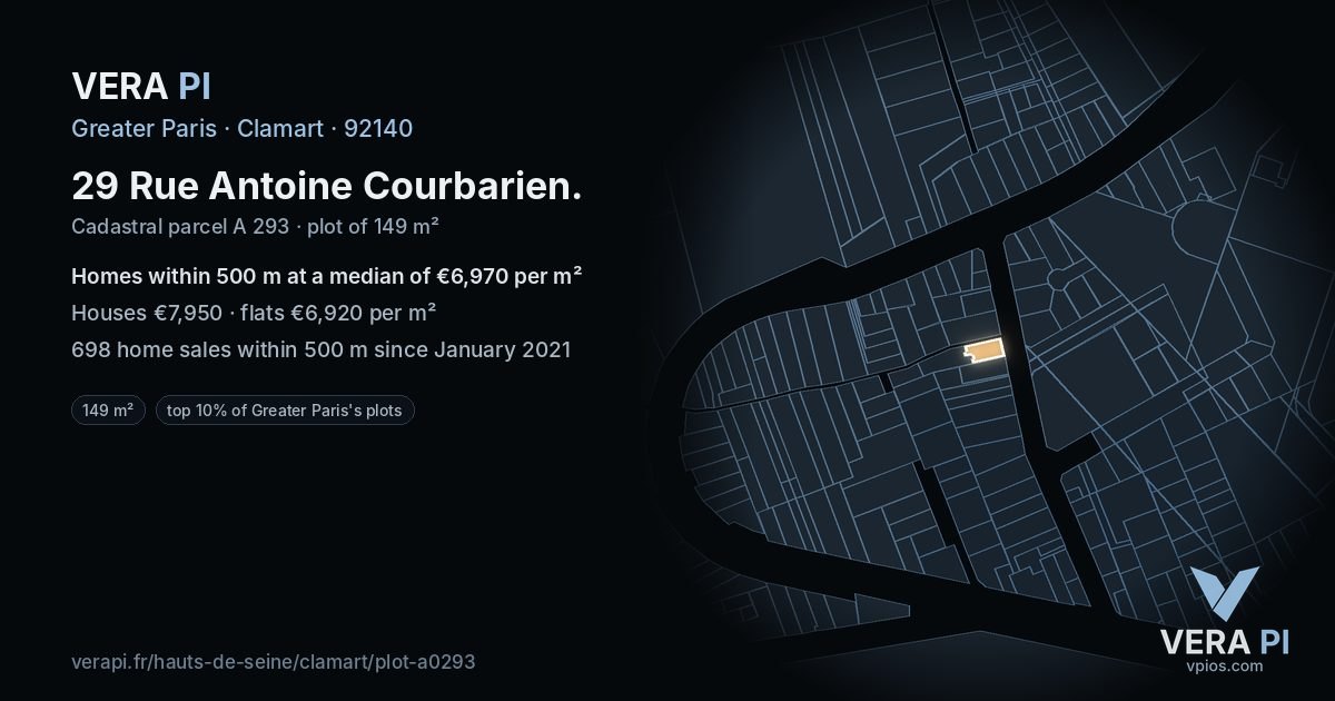 29 Rue Antoine Courbarien, Clamart at night – the plot lit, the parcels around coloured by the prices near them