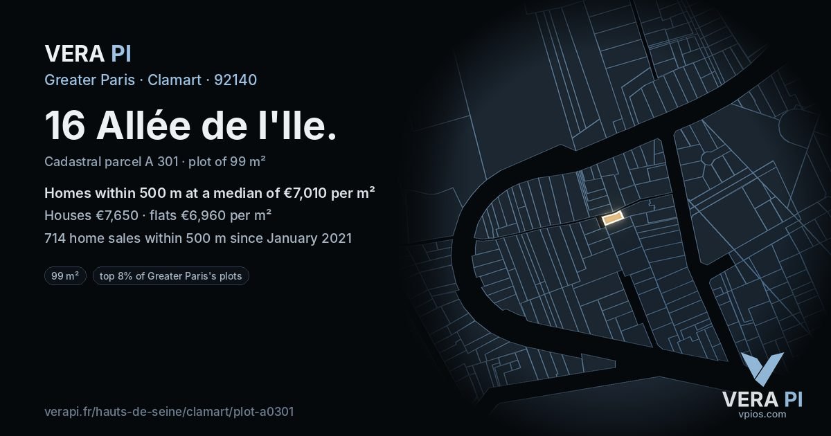 16 Allée de l'Ile, Clamart at night – the plot lit, the parcels around coloured by the prices near them