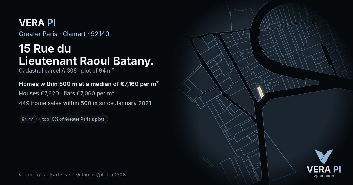 15 Rue du Lieutenant Raoul Batany, Clamart at night – the plot lit, the parcels around coloured by the prices near them