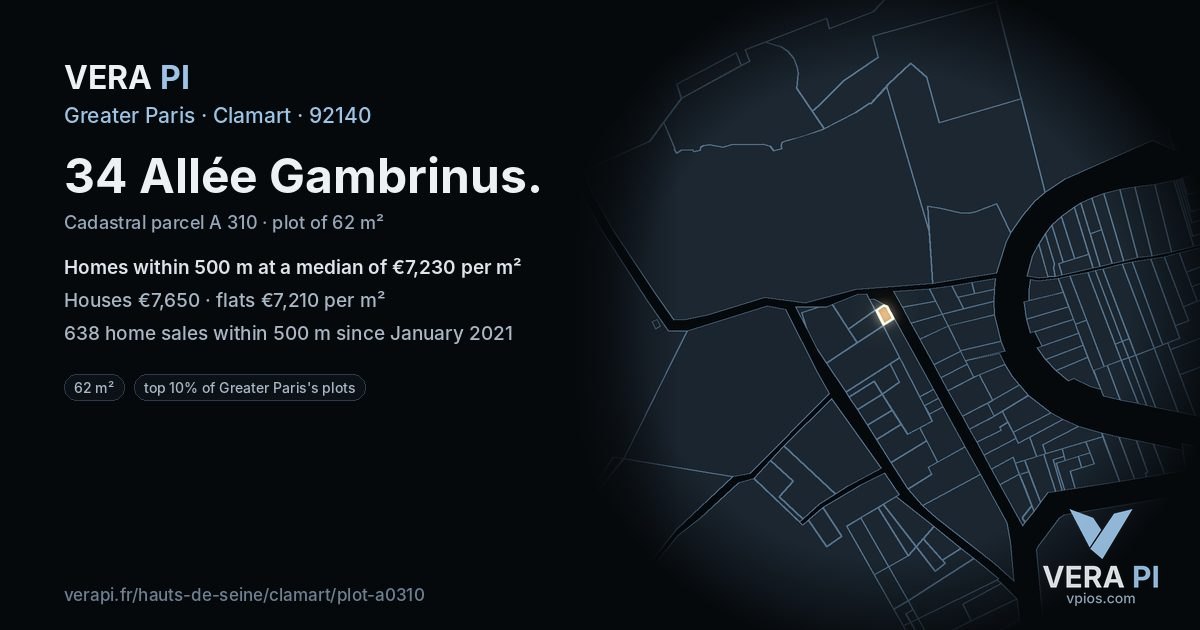 34 Allée Gambrinus, Clamart at night – the plot lit, the parcels around coloured by the prices near them