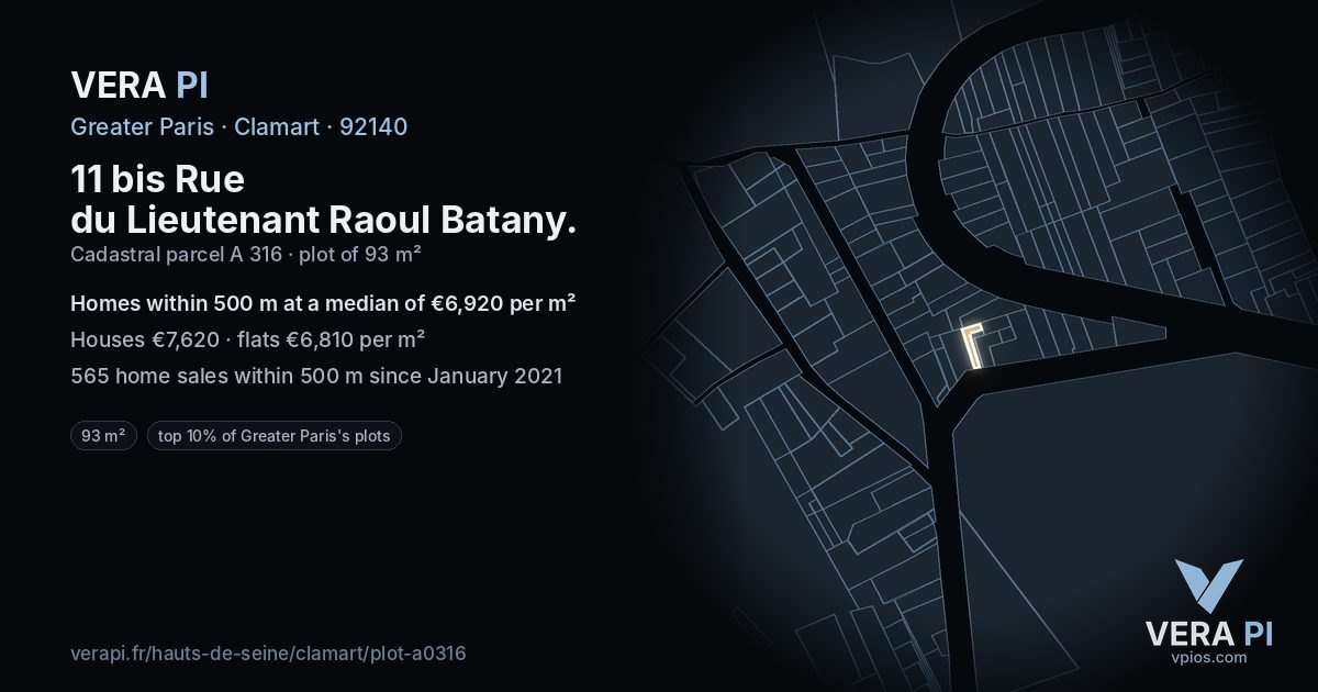 11 bis Rue du Lieutenant Raoul Batany, Clamart at night – the plot lit, the parcels around coloured by the prices near them