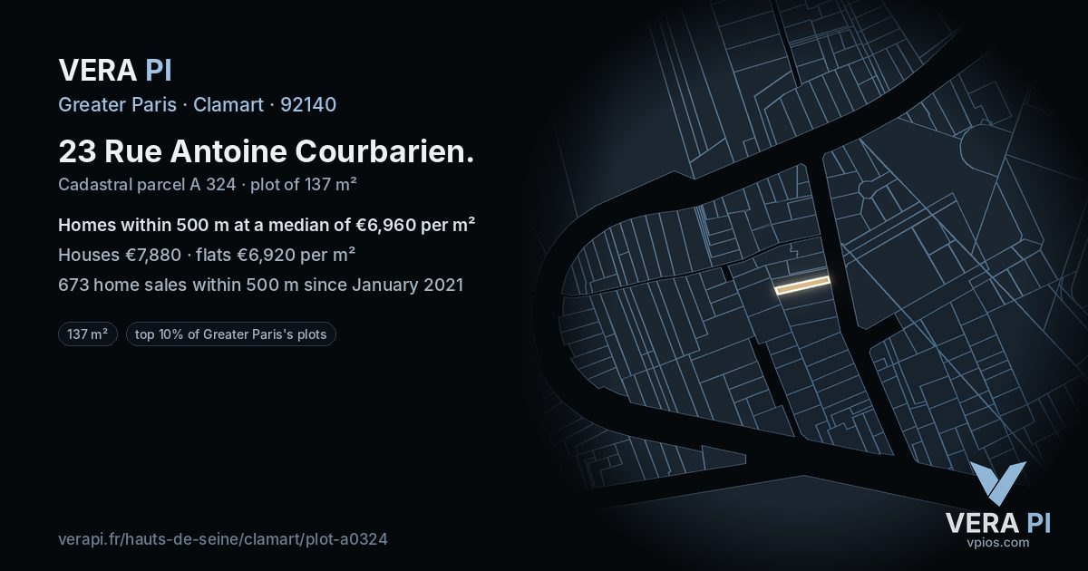 23 Rue Antoine Courbarien, Clamart at night – the plot lit, the parcels around coloured by the prices near them