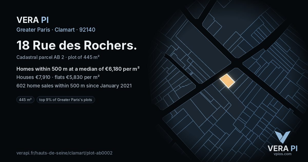 18 Rue des Rochers, Clamart at night – the plot lit, the parcels around coloured by the prices near them