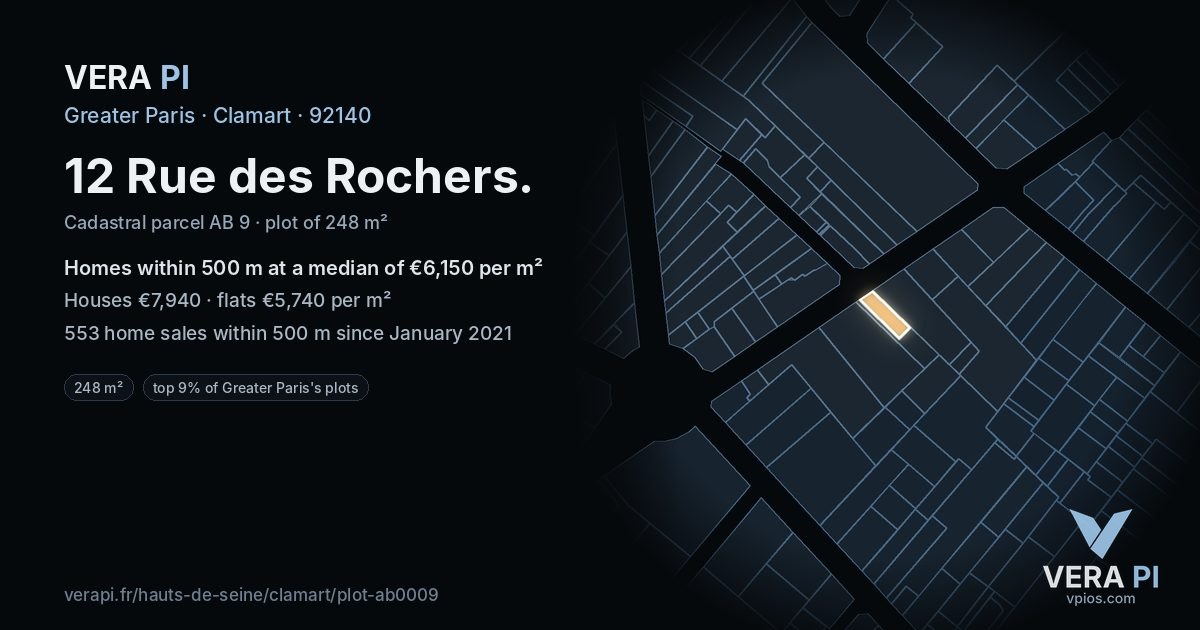 12 Rue des Rochers, Clamart at night – the plot lit, the parcels around coloured by the prices near them
