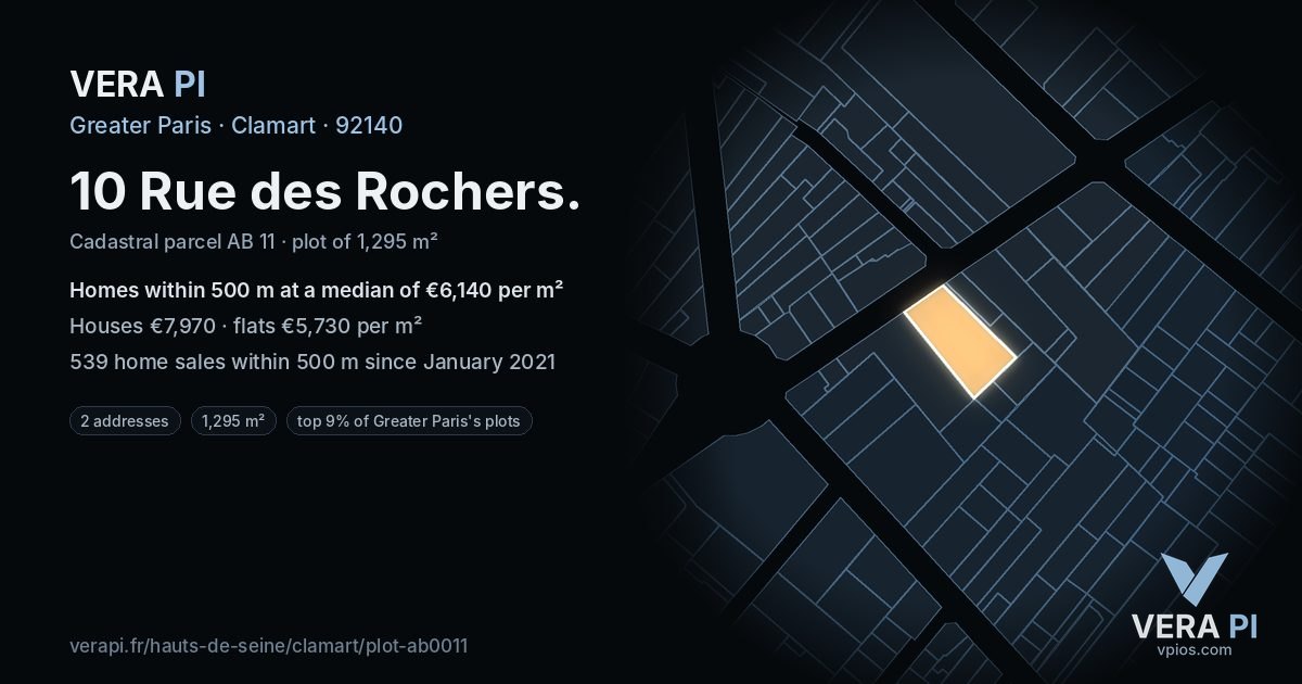 10 Rue des Rochers, Clamart at night – the plot lit, the parcels around coloured by the prices near them