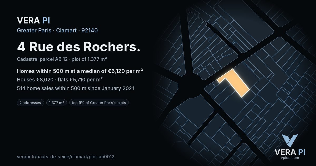 4 Rue des Rochers, Clamart at night – the plot lit, the parcels around coloured by the prices near them