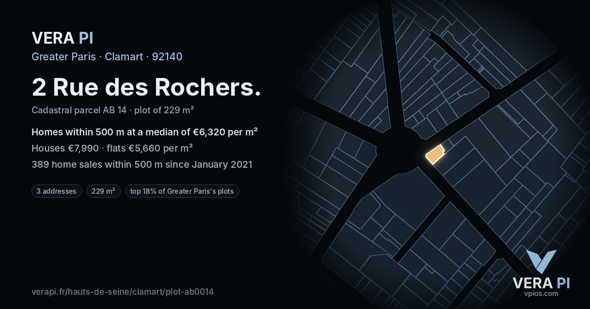 2 Rue des Rochers, Clamart at night – the plot lit, the parcels around coloured by the prices near them