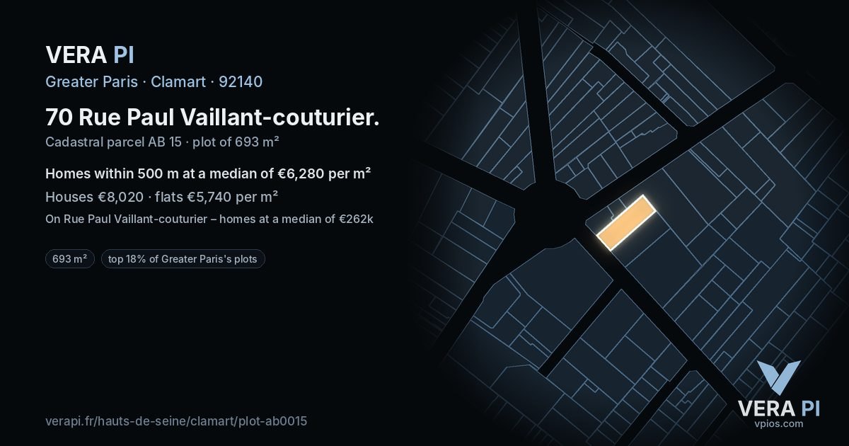 70 Rue Paul Vaillant-couturier, Clamart at night – the plot lit, the parcels around coloured by the prices near them