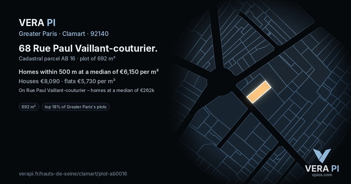 68 Rue Paul Vaillant-couturier, Clamart at night – the plot lit, the parcels around coloured by the prices near them