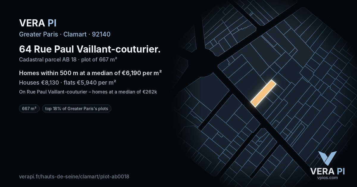 64 Rue Paul Vaillant-couturier, Clamart at night – the plot lit, the parcels around coloured by the prices near them