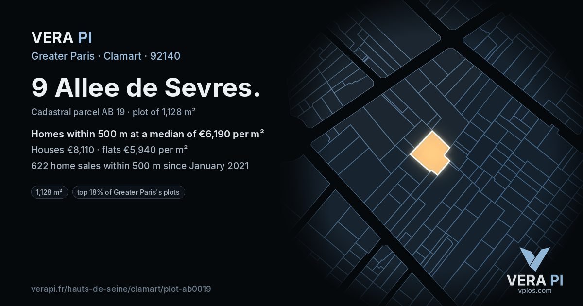 9 Allee de Sevres, Clamart at night – the plot lit, the parcels around coloured by the prices near them