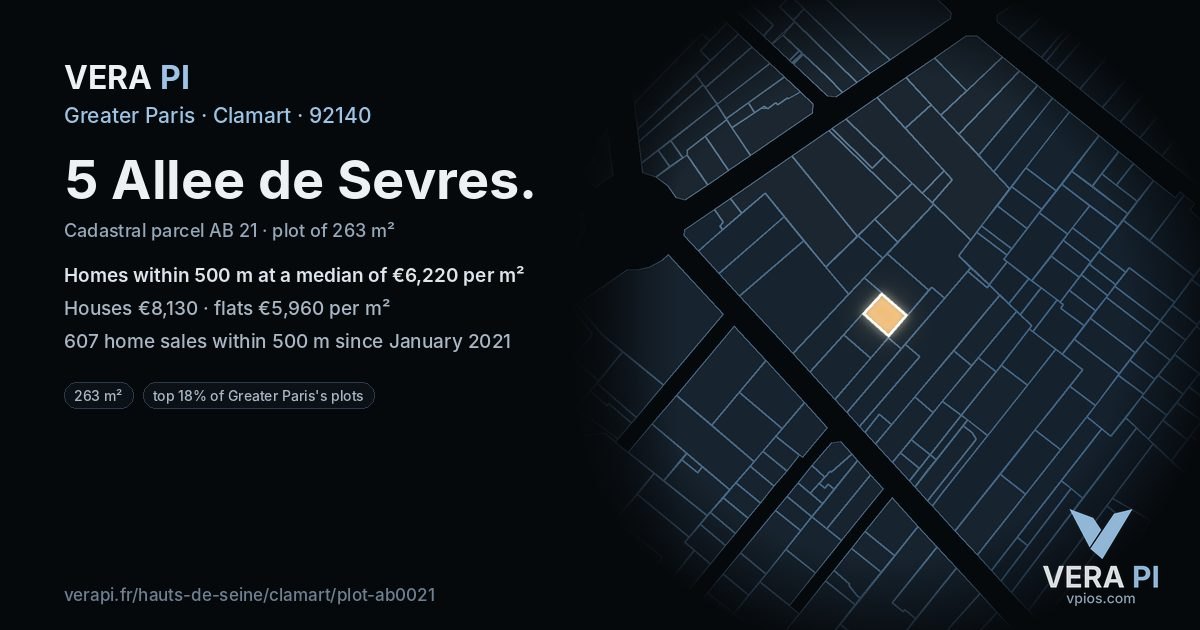 5 Allee de Sevres, Clamart at night – the plot lit, the parcels around coloured by the prices near them