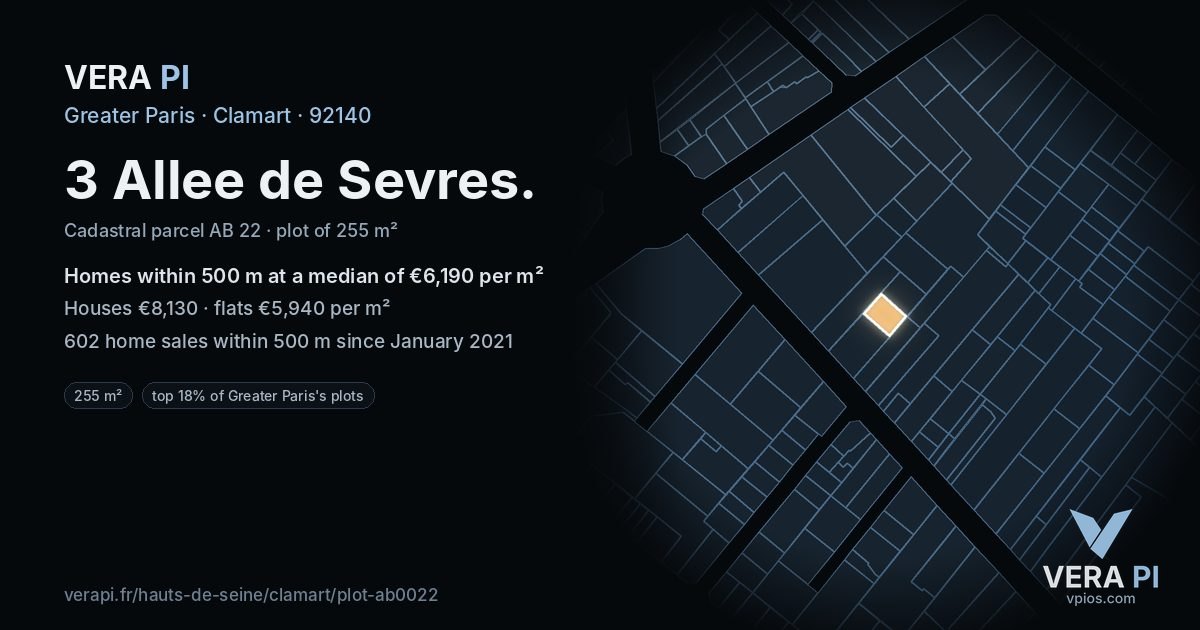 3 Allee de Sevres, Clamart at night – the plot lit, the parcels around coloured by the prices near them