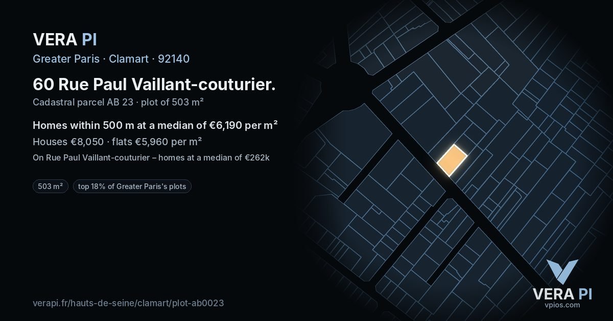 60 Rue Paul Vaillant-couturier, Clamart at night – the plot lit, the parcels around coloured by the prices near them