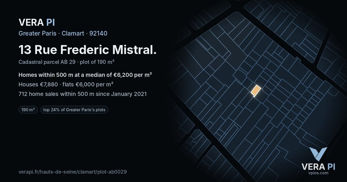 13 Rue Frederic Mistral, Clamart at night – the plot lit, the parcels around coloured by the prices near them