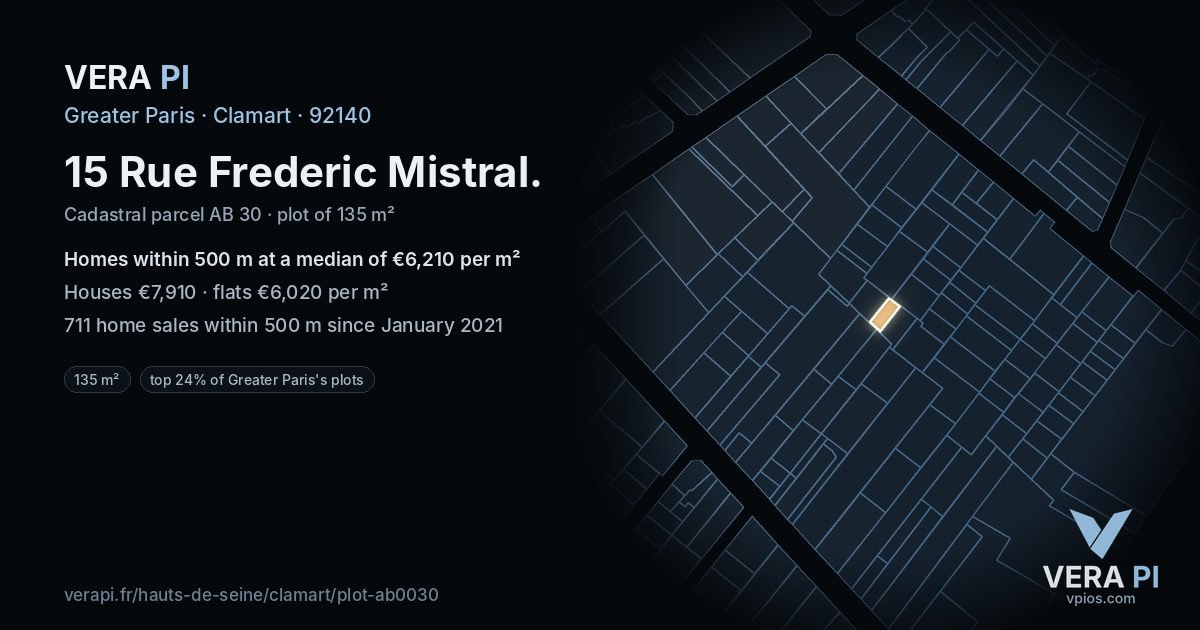 15 Rue Frederic Mistral, Clamart at night – the plot lit, the parcels around coloured by the prices near them