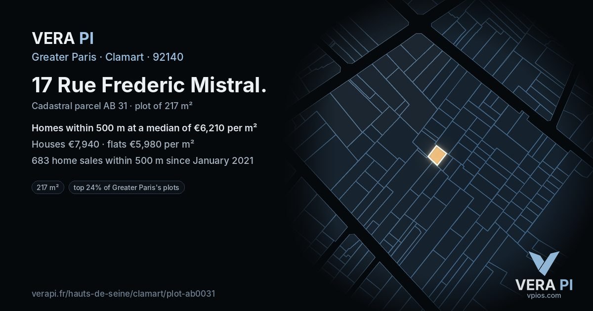17 Rue Frederic Mistral, Clamart at night – the plot lit, the parcels around coloured by the prices near them