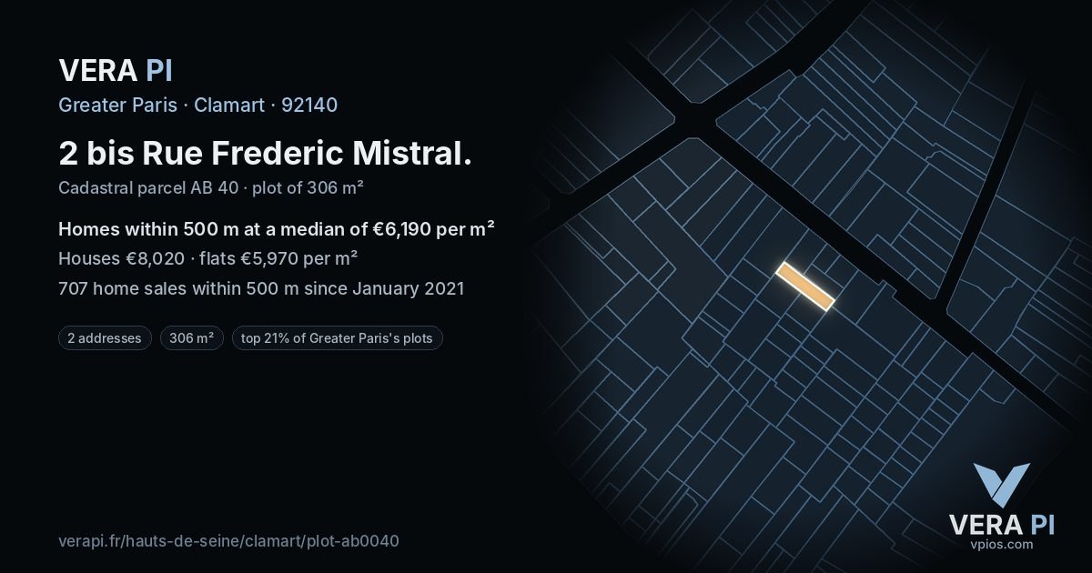 2 bis Rue Frederic Mistral, Clamart at night – the plot lit, the parcels around coloured by the prices near them