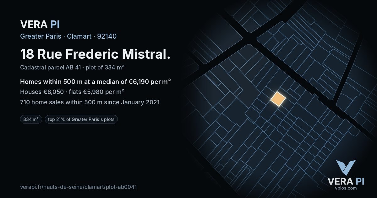 18 Rue Frederic Mistral, Clamart at night – the plot lit, the parcels around coloured by the prices near them