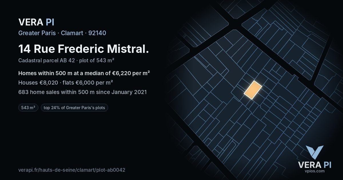14 Rue Frederic Mistral, Clamart at night – the plot lit, the parcels around coloured by the prices near them