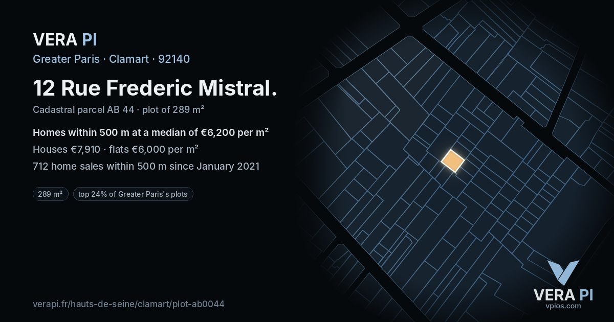 12 Rue Frederic Mistral, Clamart at night – the plot lit, the parcels around coloured by the prices near them
