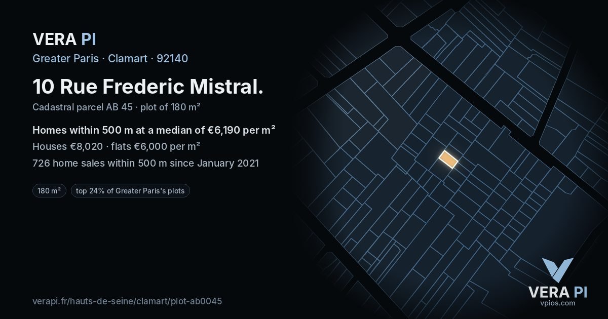10 Rue Frederic Mistral, Clamart at night – the plot lit, the parcels around coloured by the prices near them