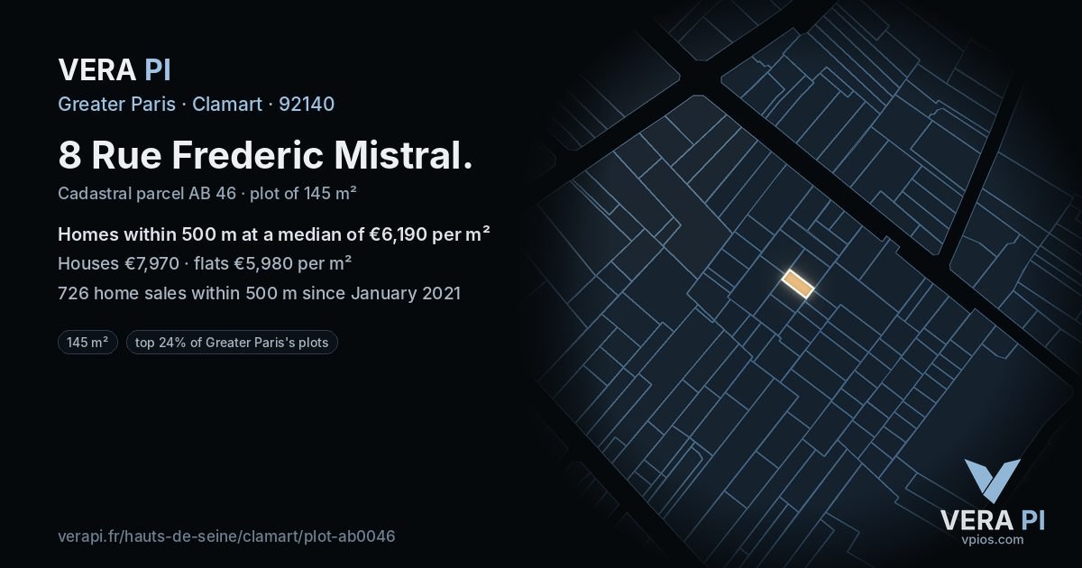 8 Rue Frederic Mistral, Clamart at night – the plot lit, the parcels around coloured by the prices near them